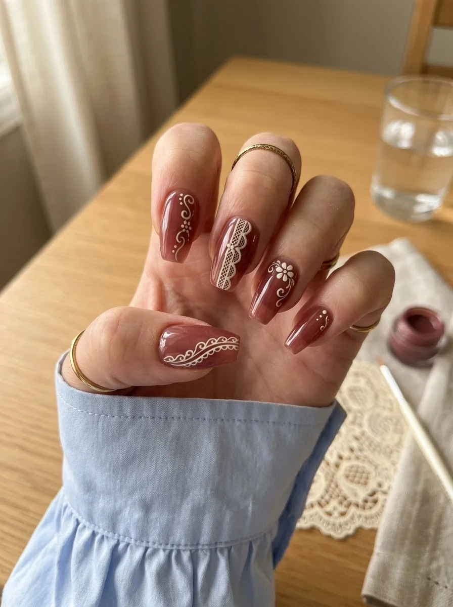 Cocoa Brown Floral Lace Nails