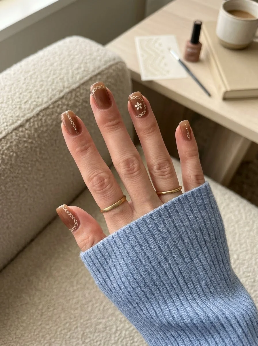 Chocolate Brown Nails with White Lace Chains