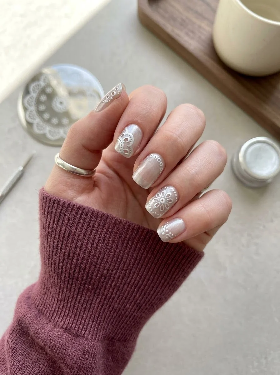 Pearl White Lace Nails