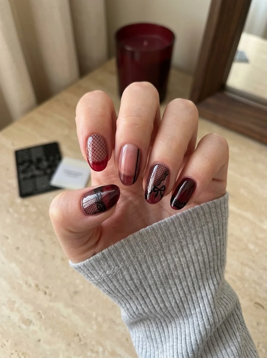 Burgundy & Black Lace Bow Nails