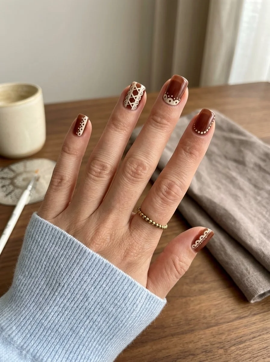 Chocolate Brown Nails with Cream Lace Borders
