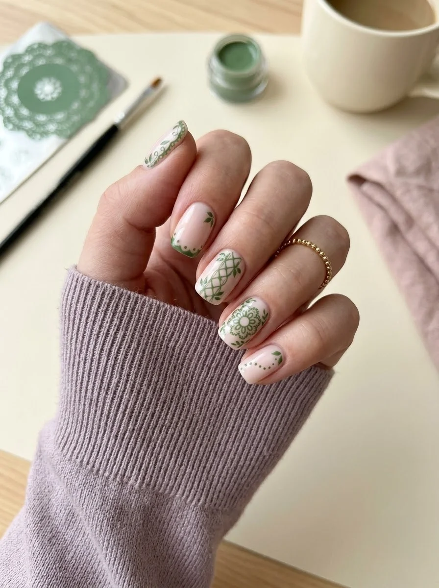 Sage Green Botanical Lace Nails