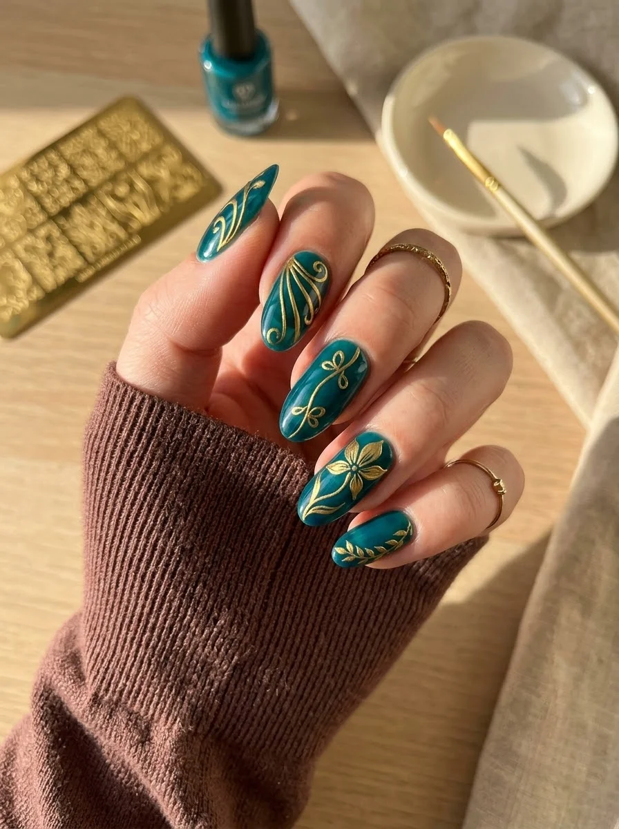 Teal Nails with Ornate Gold Lace Details