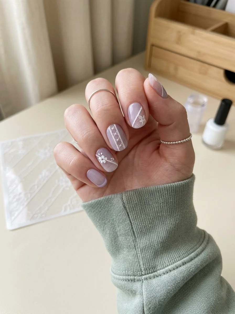 Soft Lilac Lace Detail Nails