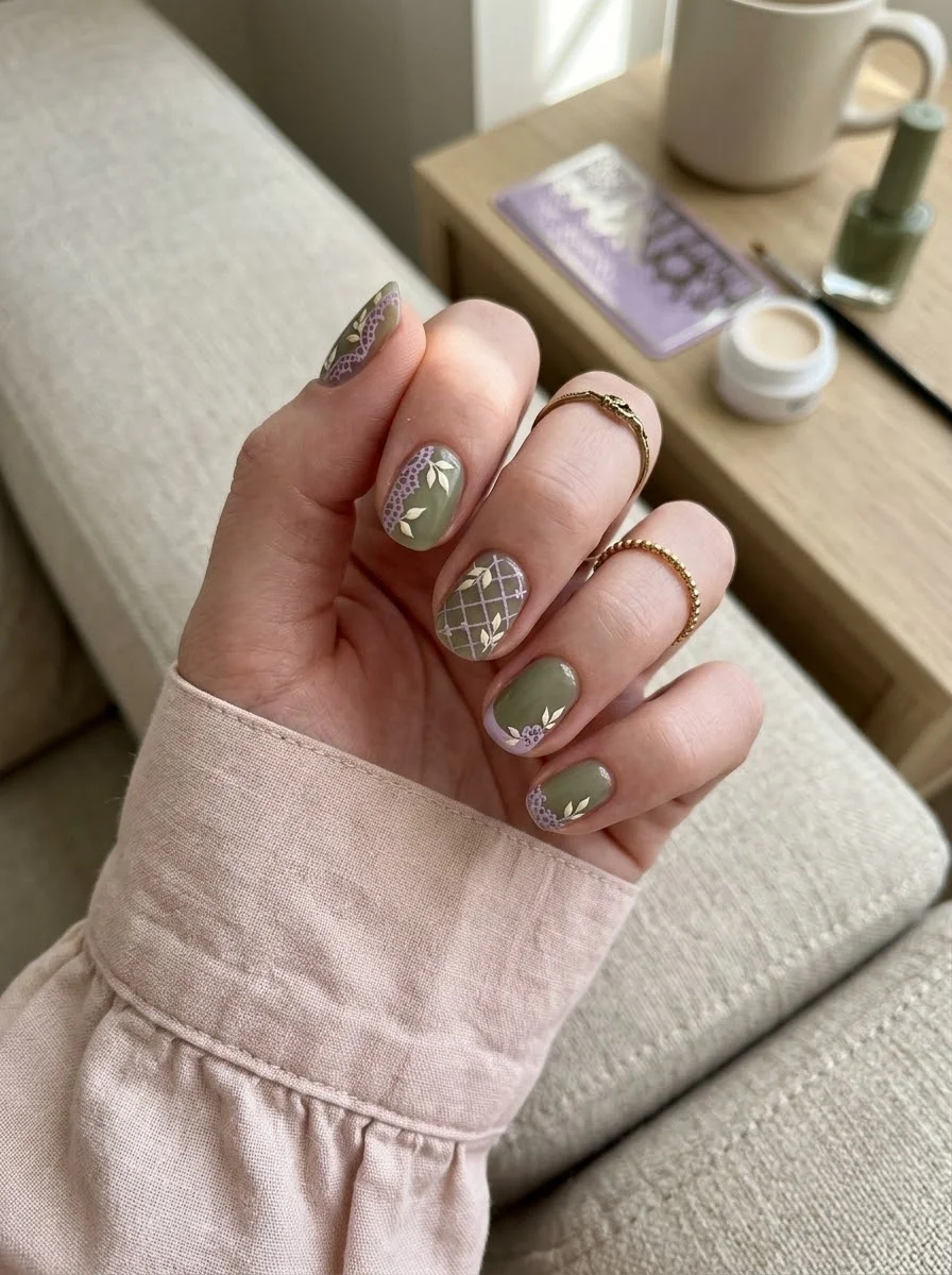 Sage & Lavender Floral Lace Nails