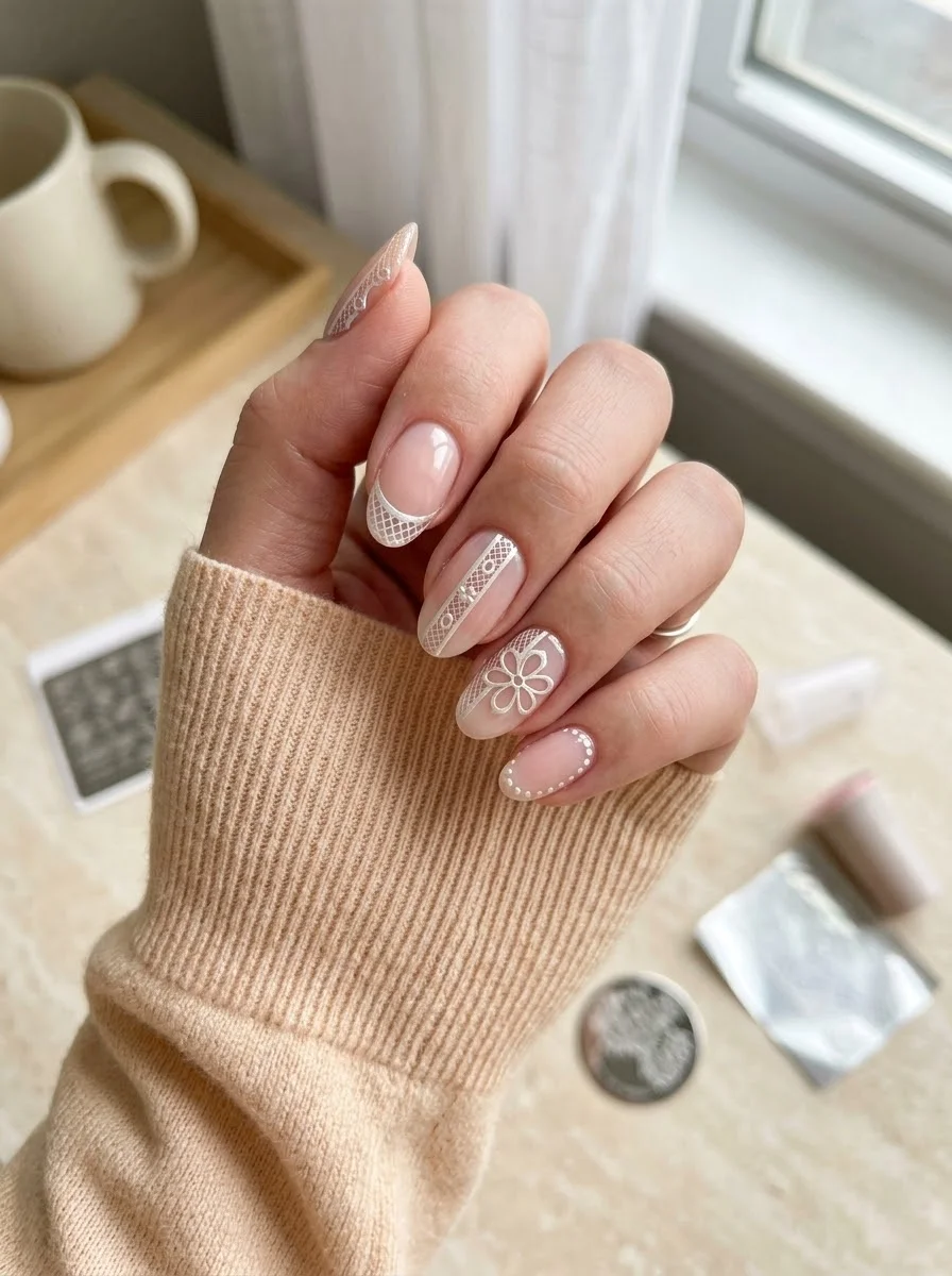 Nude Lace French Tip Nails