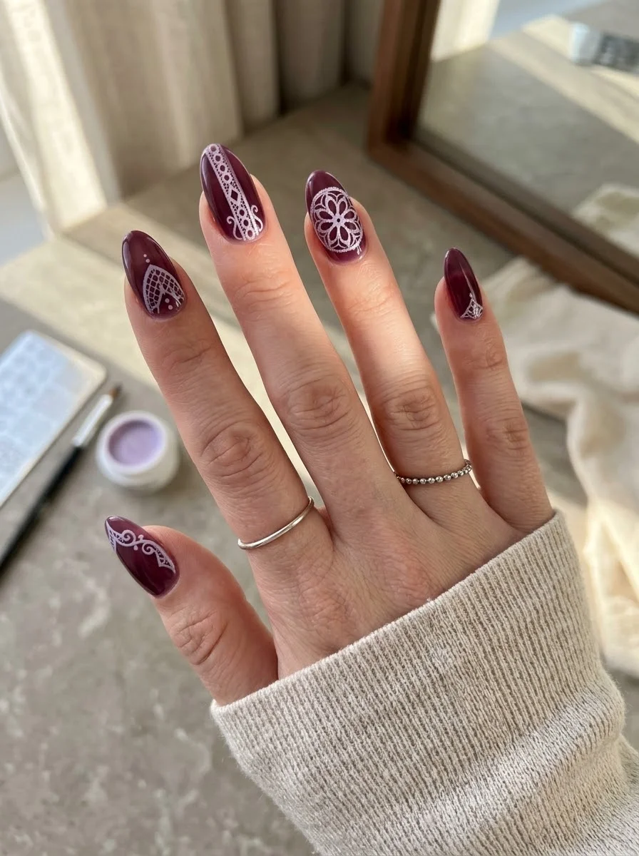 Deep Burgundy Lace Statement Nails