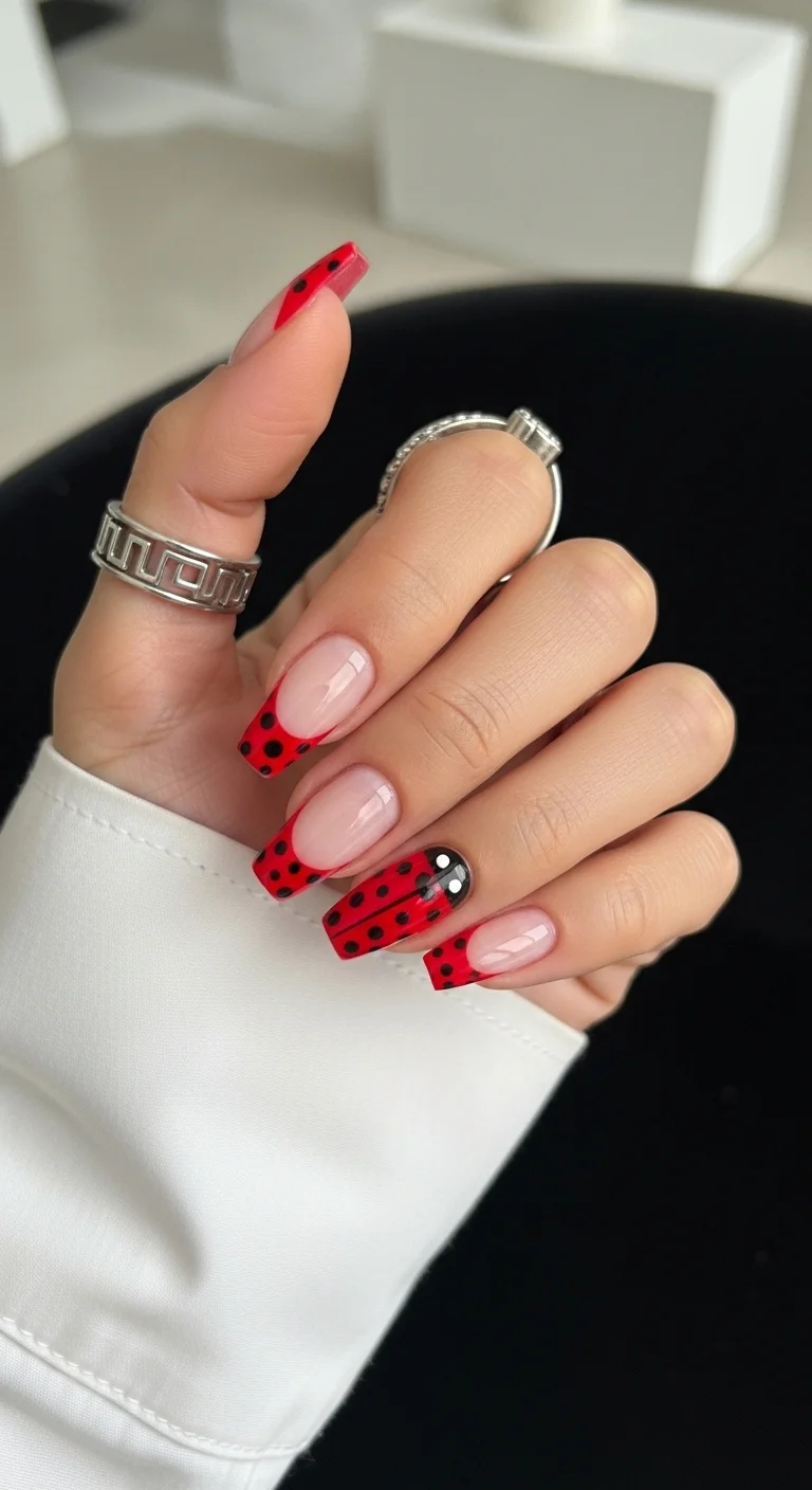 Long coffin nails with red French tips and ladybug patterns.