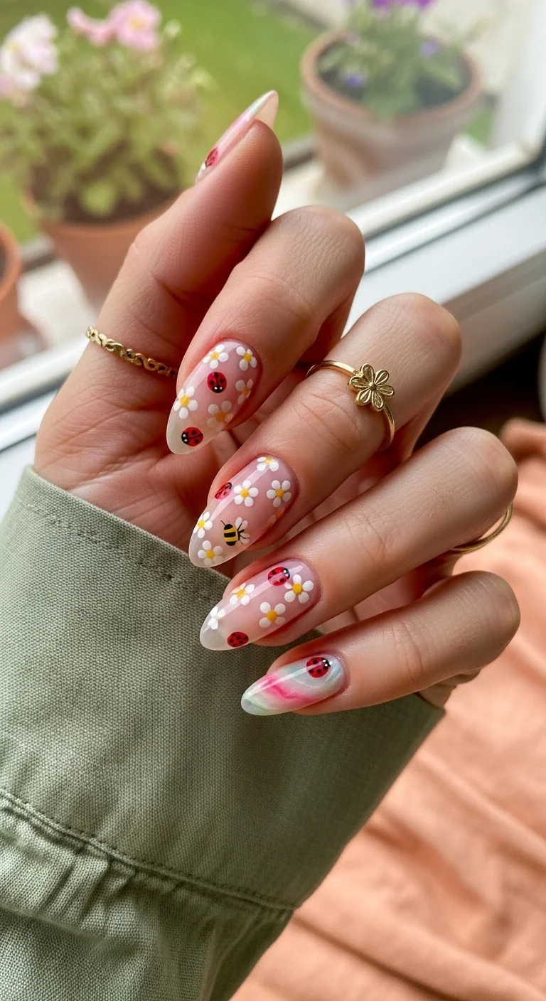 Oval nails with a mix of daisies, ladybugs, and one pink swirl nail.