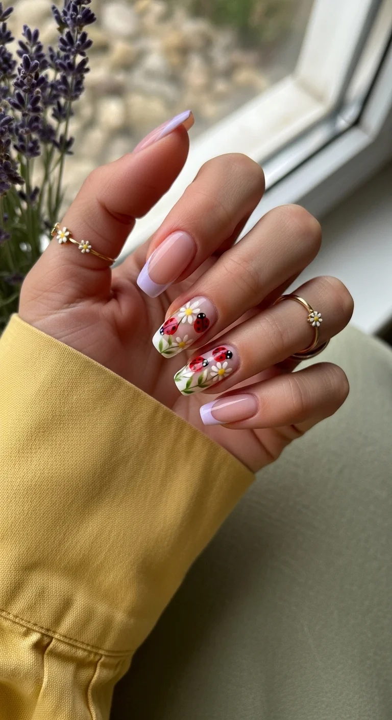 Square nails with lavender French tips and floral ladybug accents.
