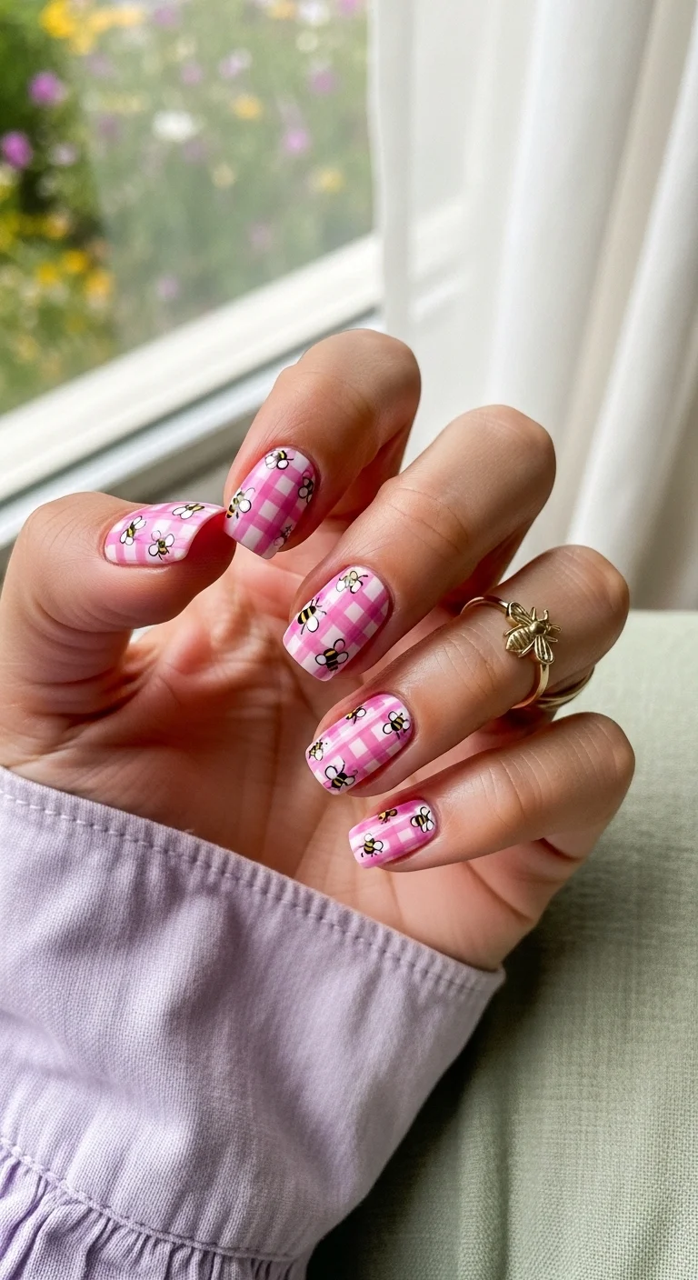 Square nails with pink gingham pattern and tiny bees.