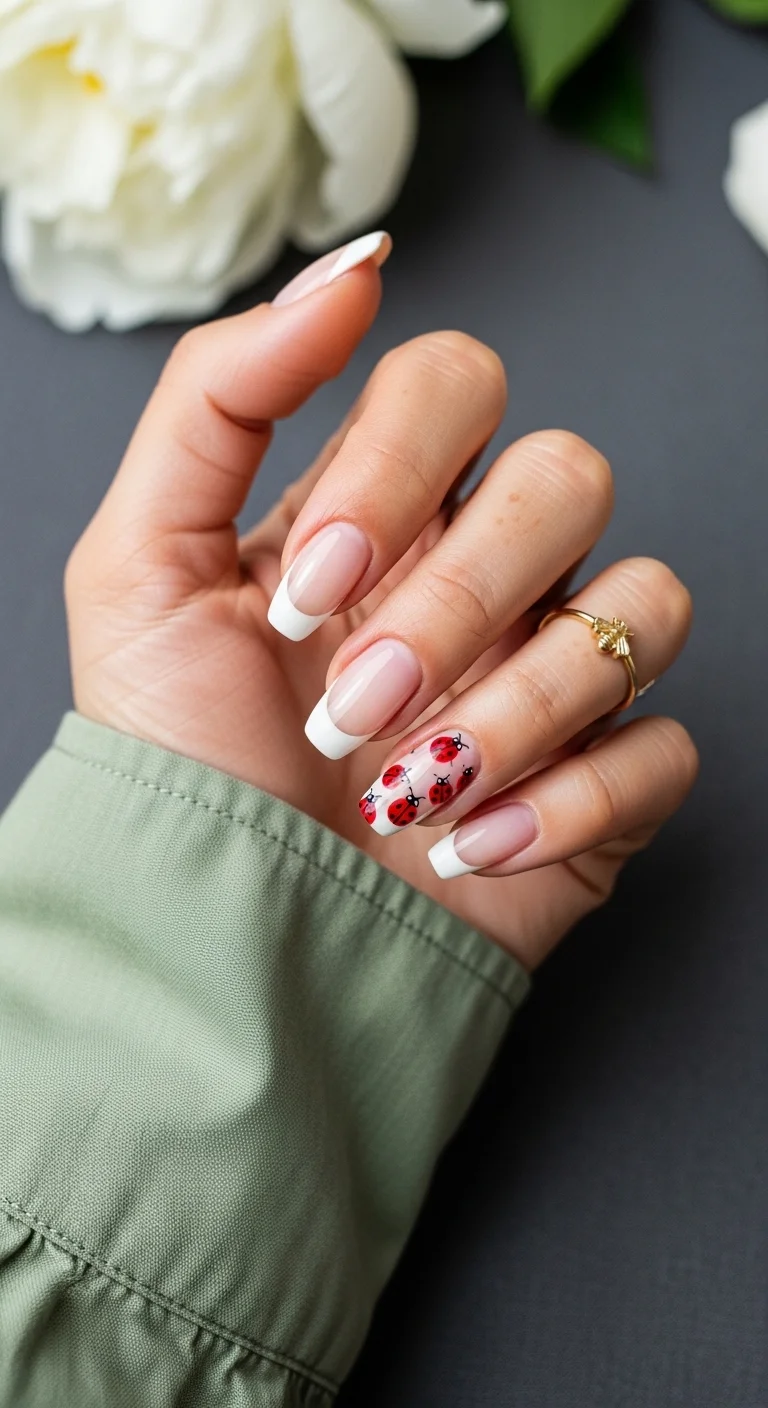 Coffin nails with white French tips and a ladybug swarm accent nail.