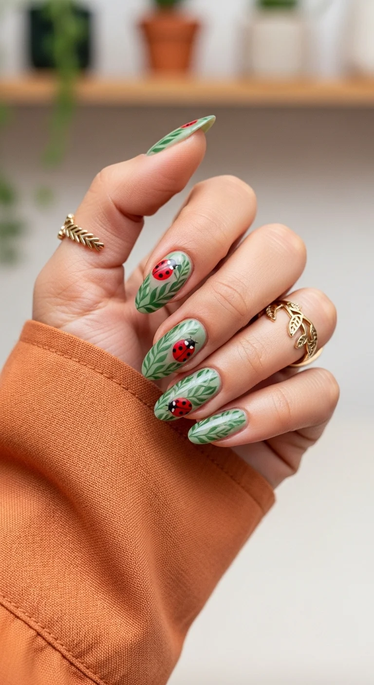 Almond nails with green leaf patterns and ladybug accents.