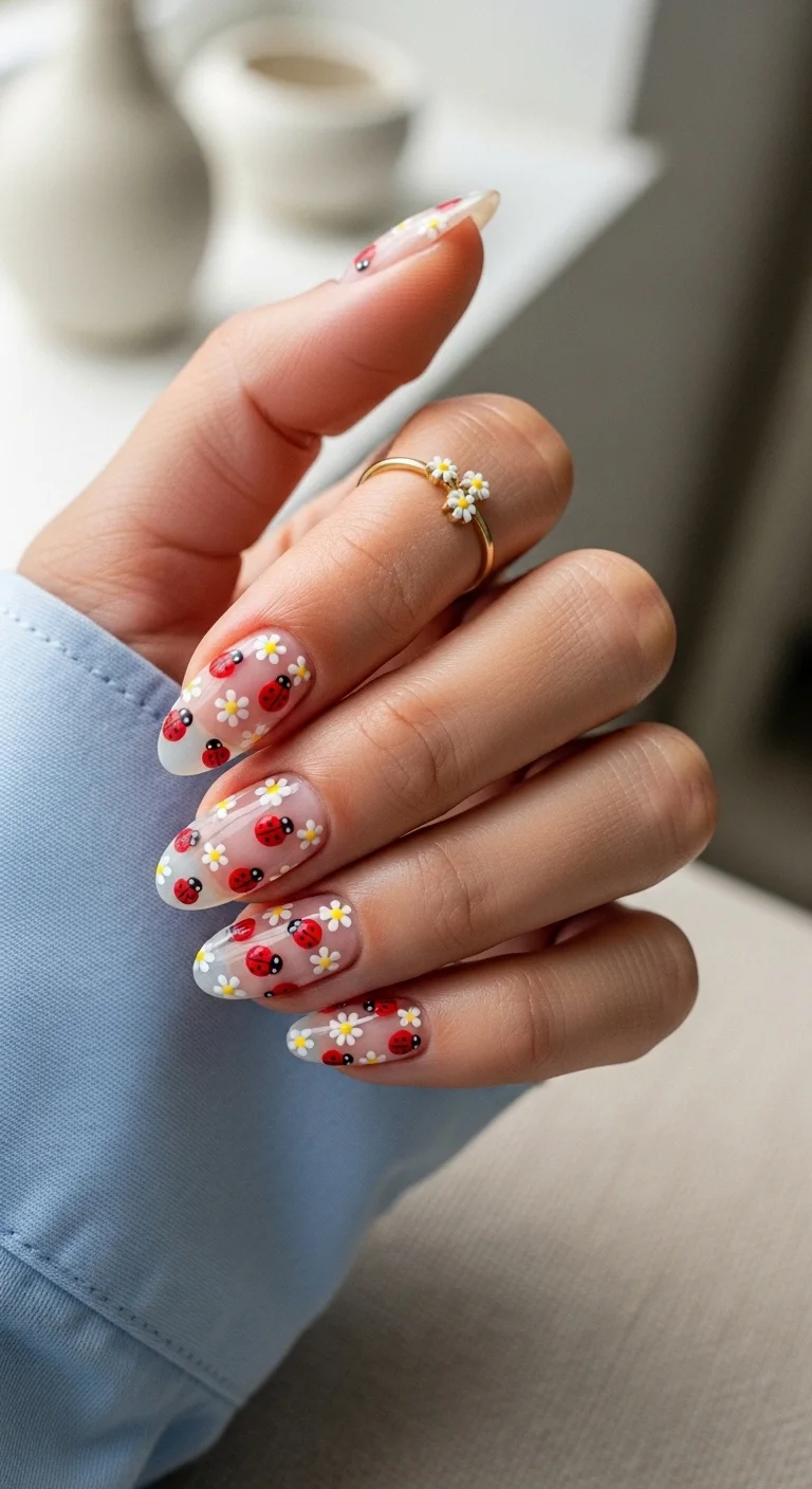Oval nails with clear base, white daisies, and red ladybugs.