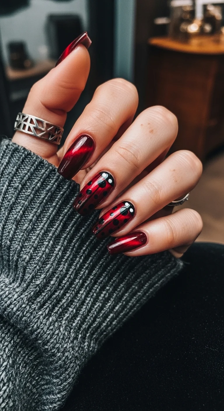 Long coffin nails with red cat-eye/velvet finish and ladybug accents.