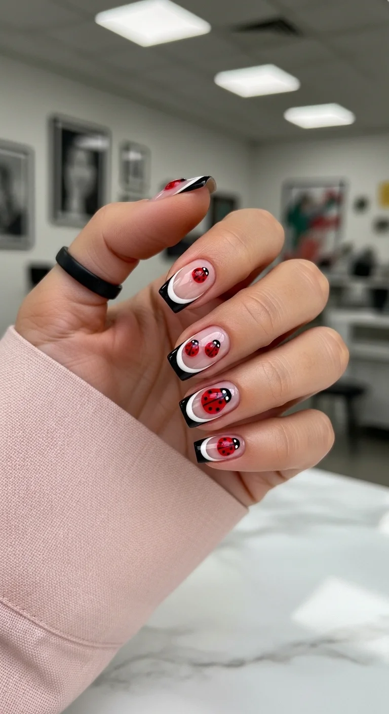 Short square nails with black and white double French tips and tiny ladybugs.