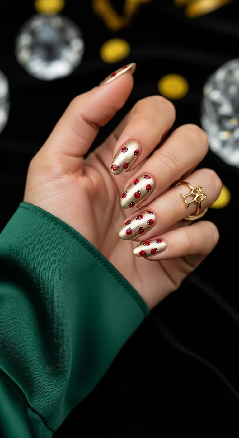 Oval nails with a gold metallic base and tiny ladybug patterns.