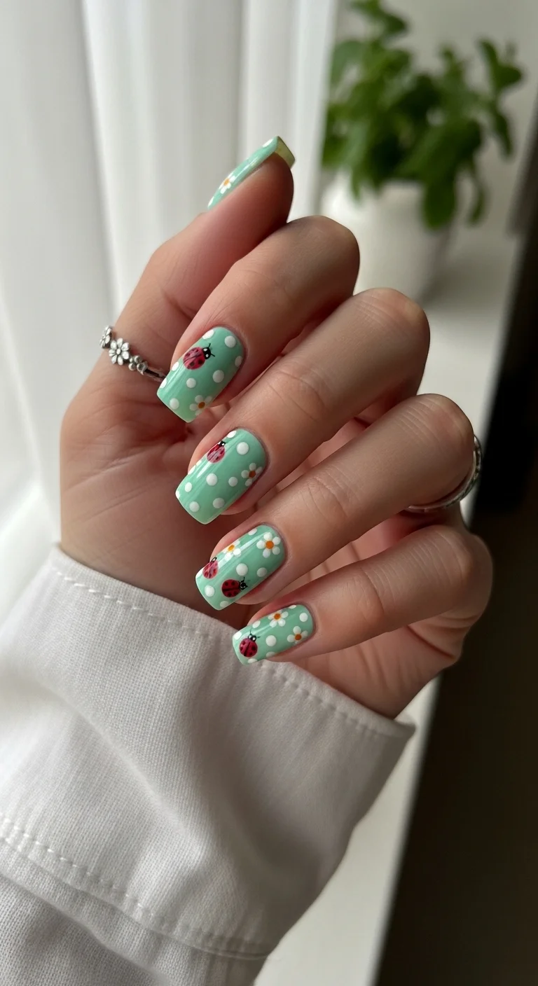 Square nails with a mint green base, white polka dots, daisies, and tiny ladybugs.