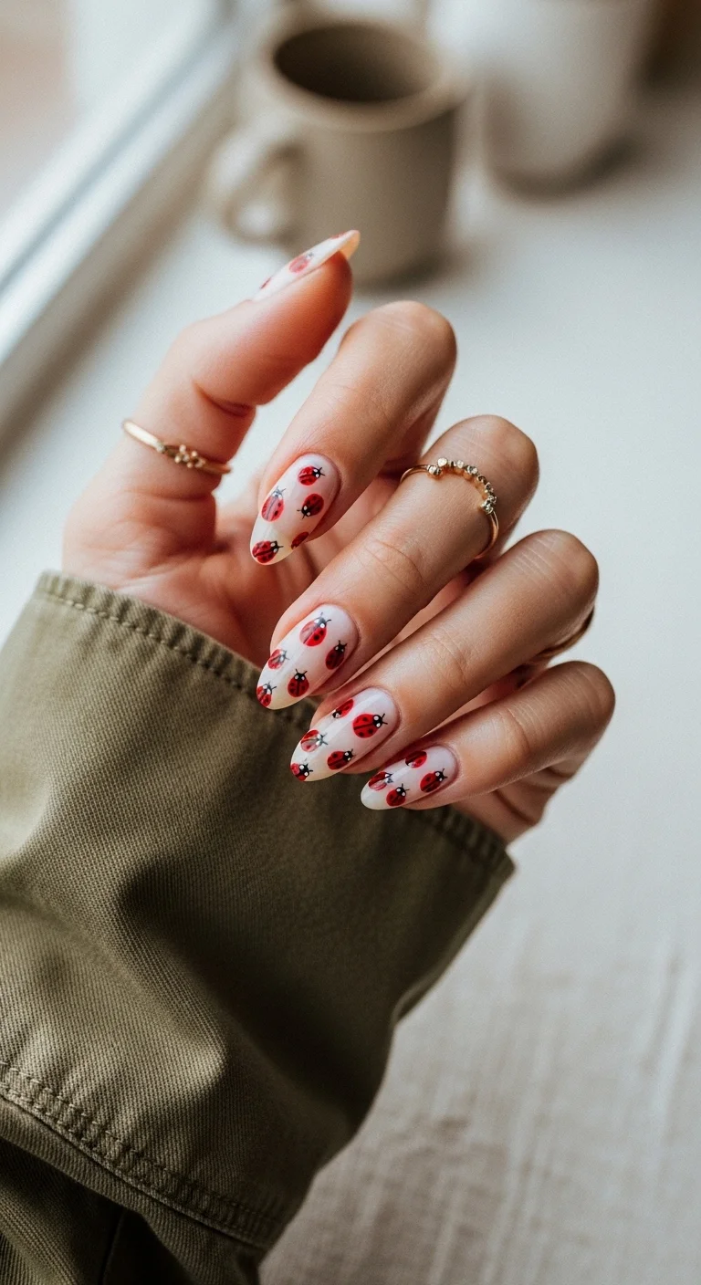 Almond nails with nude base and clusters of small ladybugs.