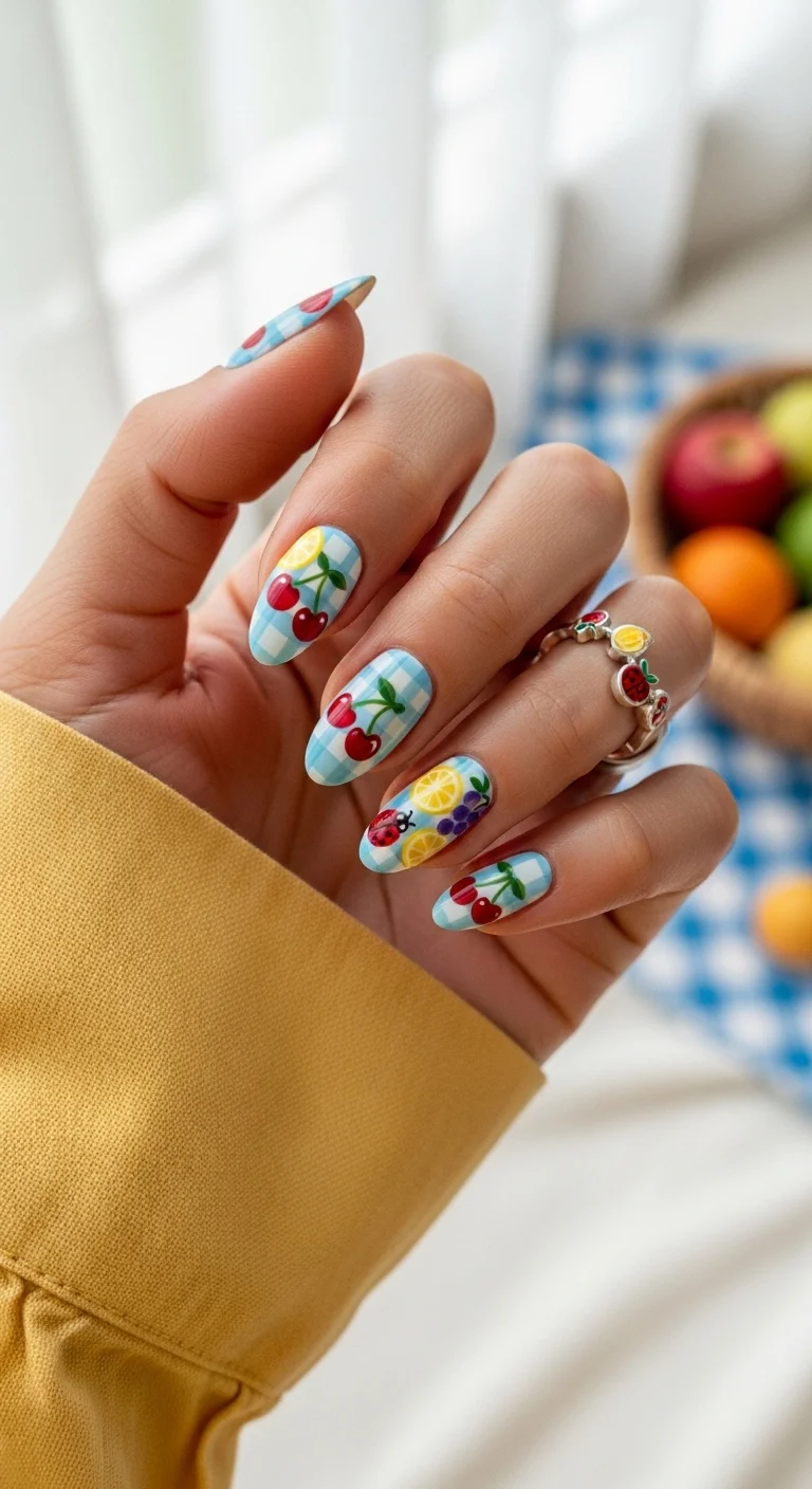 Oval nails with blue gingham, cherries, lemons, and ladybugs.