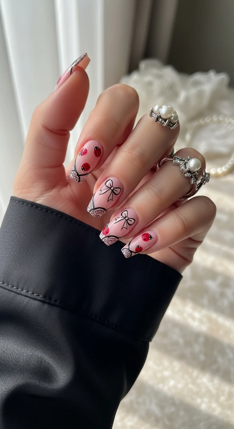 Coffin nails with nude base, black lace/bows, and ladybugs.