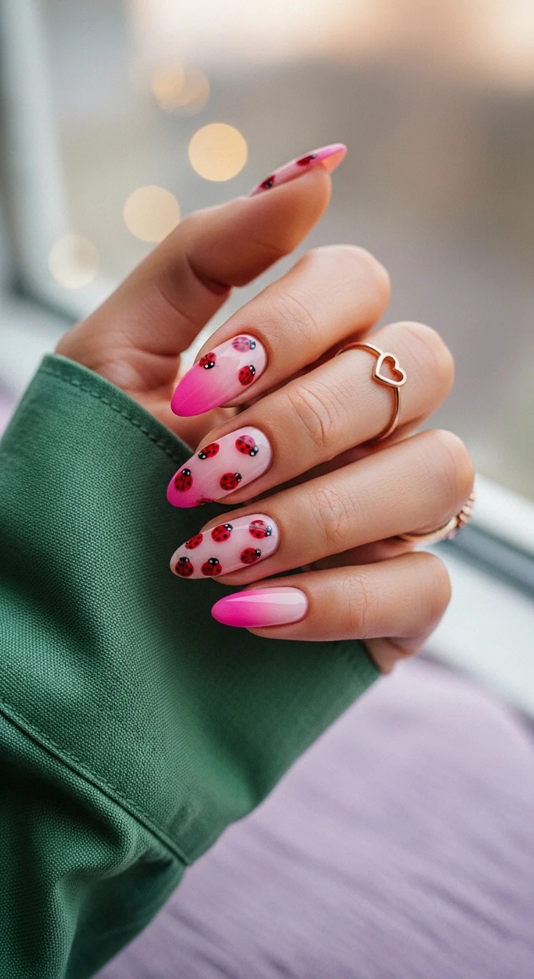 Almond nails with pink ombre and ladybug pattern.