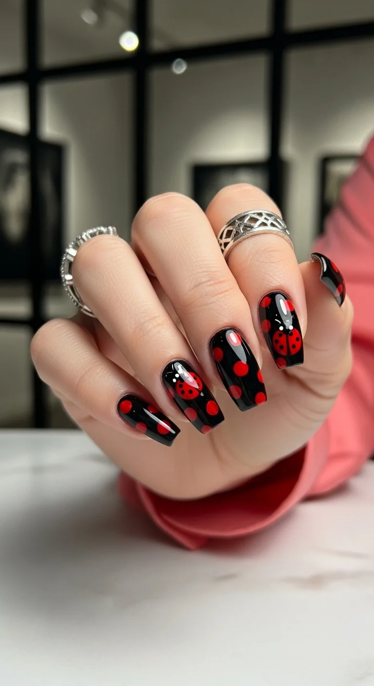 Square nails with black base and red ladybug patterns.