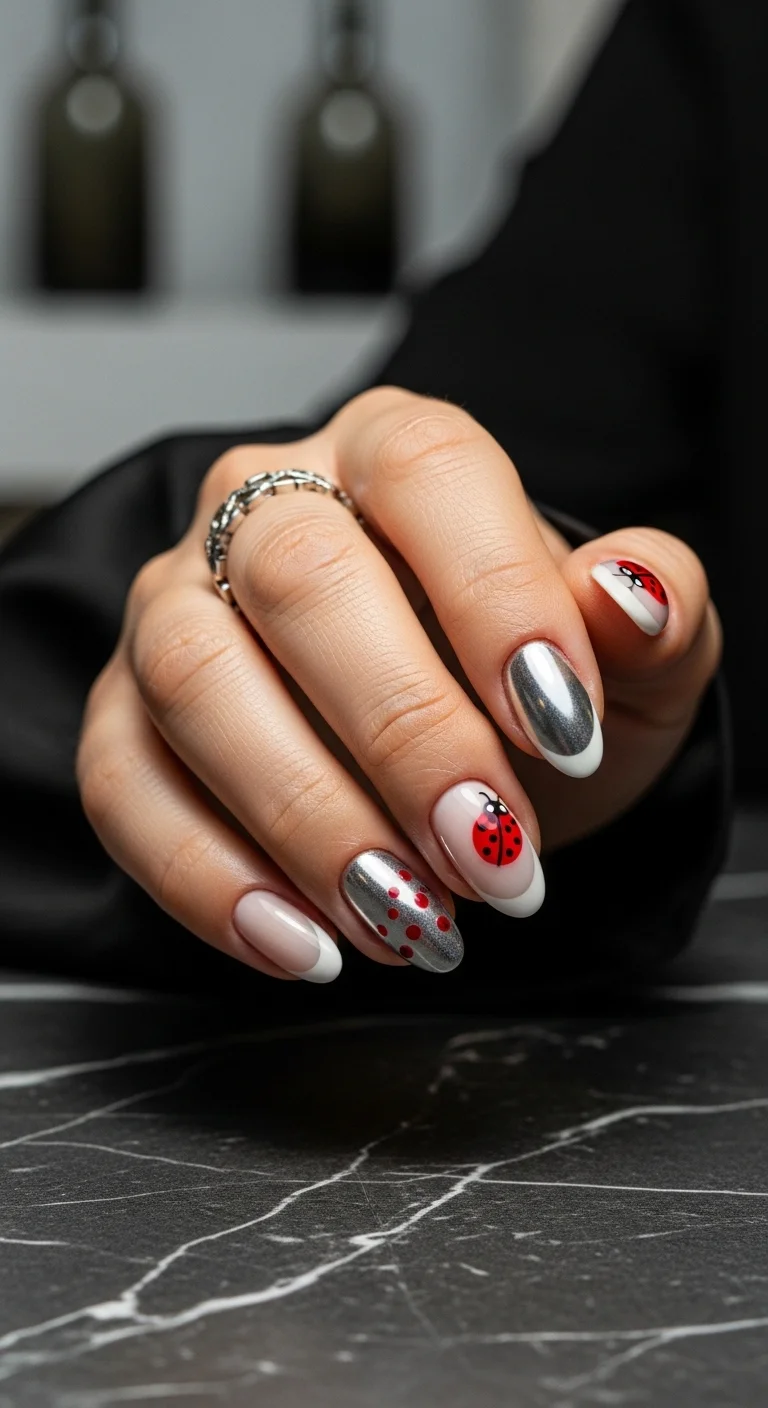 Oval nails with silver chrome/French mix and ladybug accents.