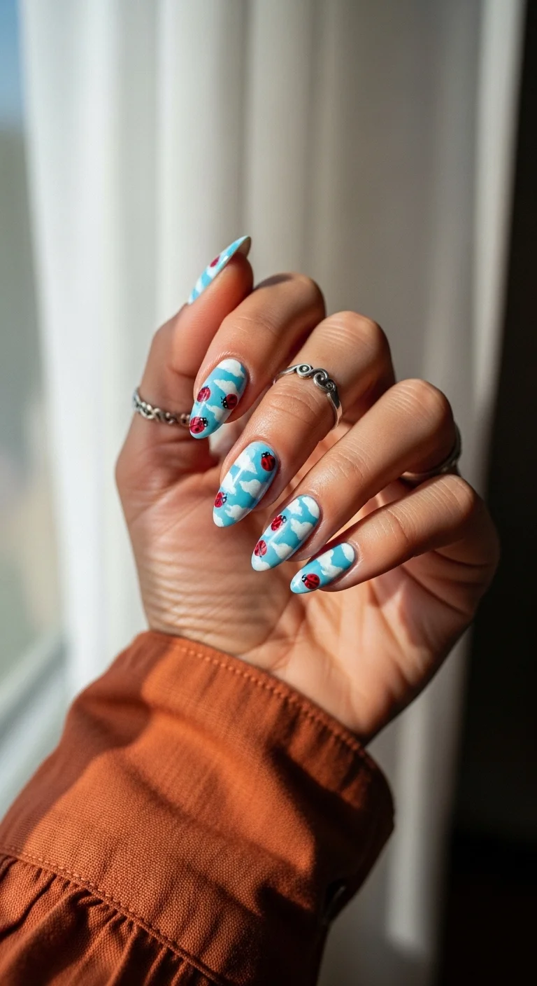 Almond nails with blue sky/cloud pattern and ladybugs.