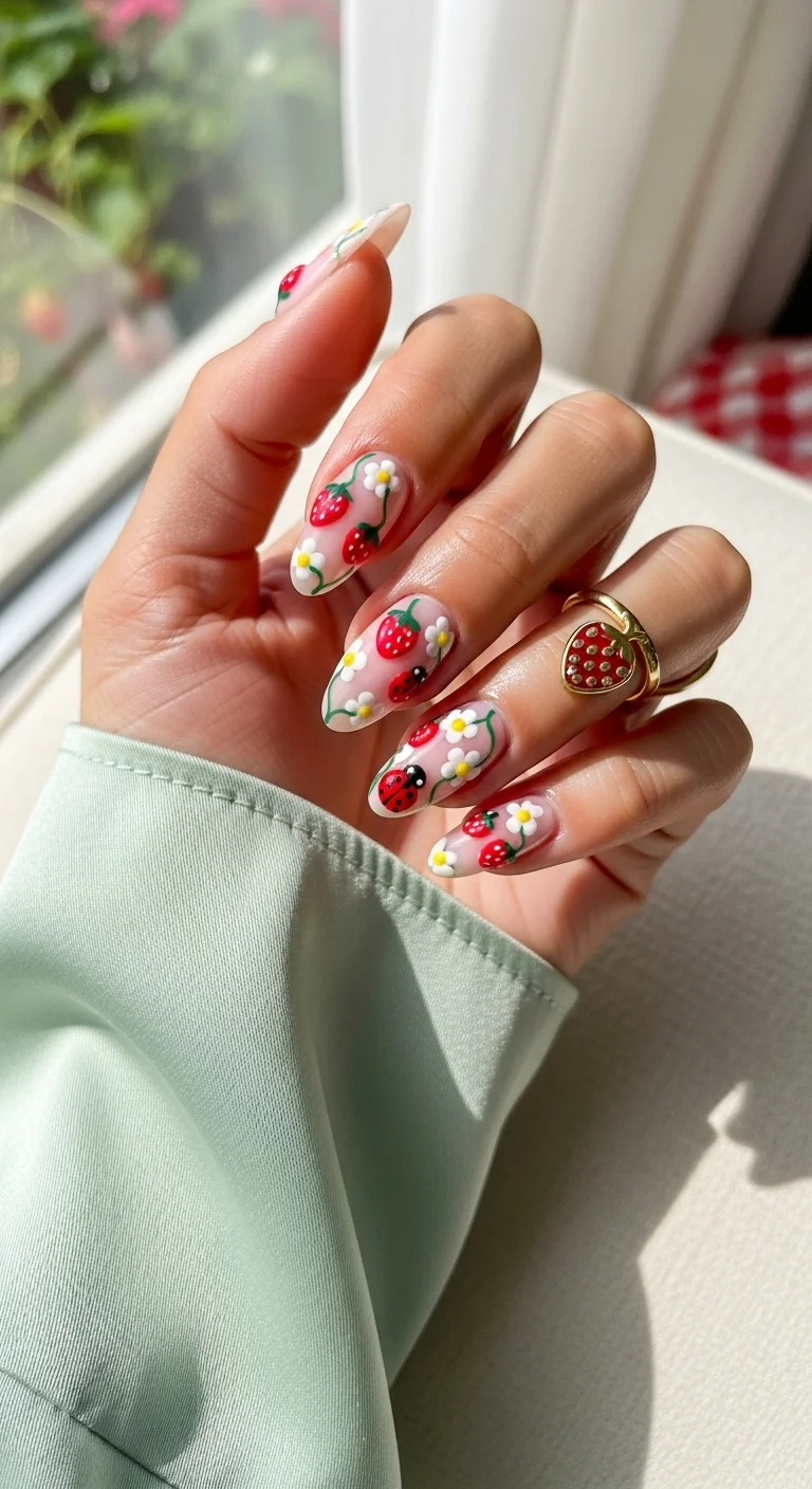 Oval nails with clear base, strawberries, daisies, and ladybugs.
