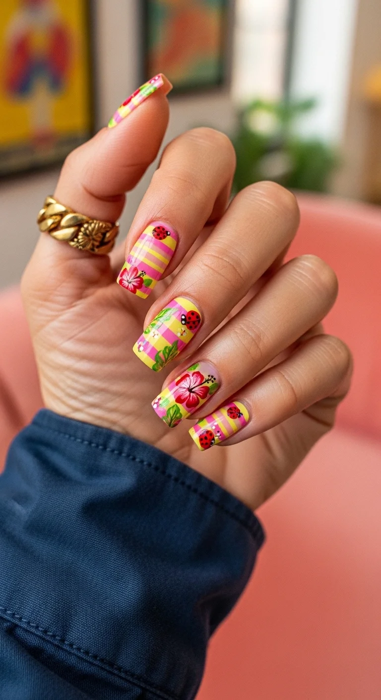 Square nails with pink/yellow stripes, hibiscus flowers, and ladybugs.
