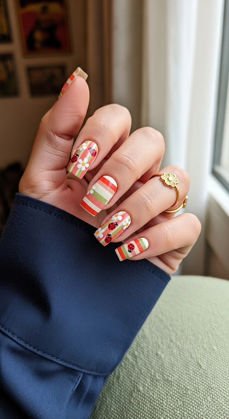 Square nails with red/green/white stripes, daisies, and ladybugs.