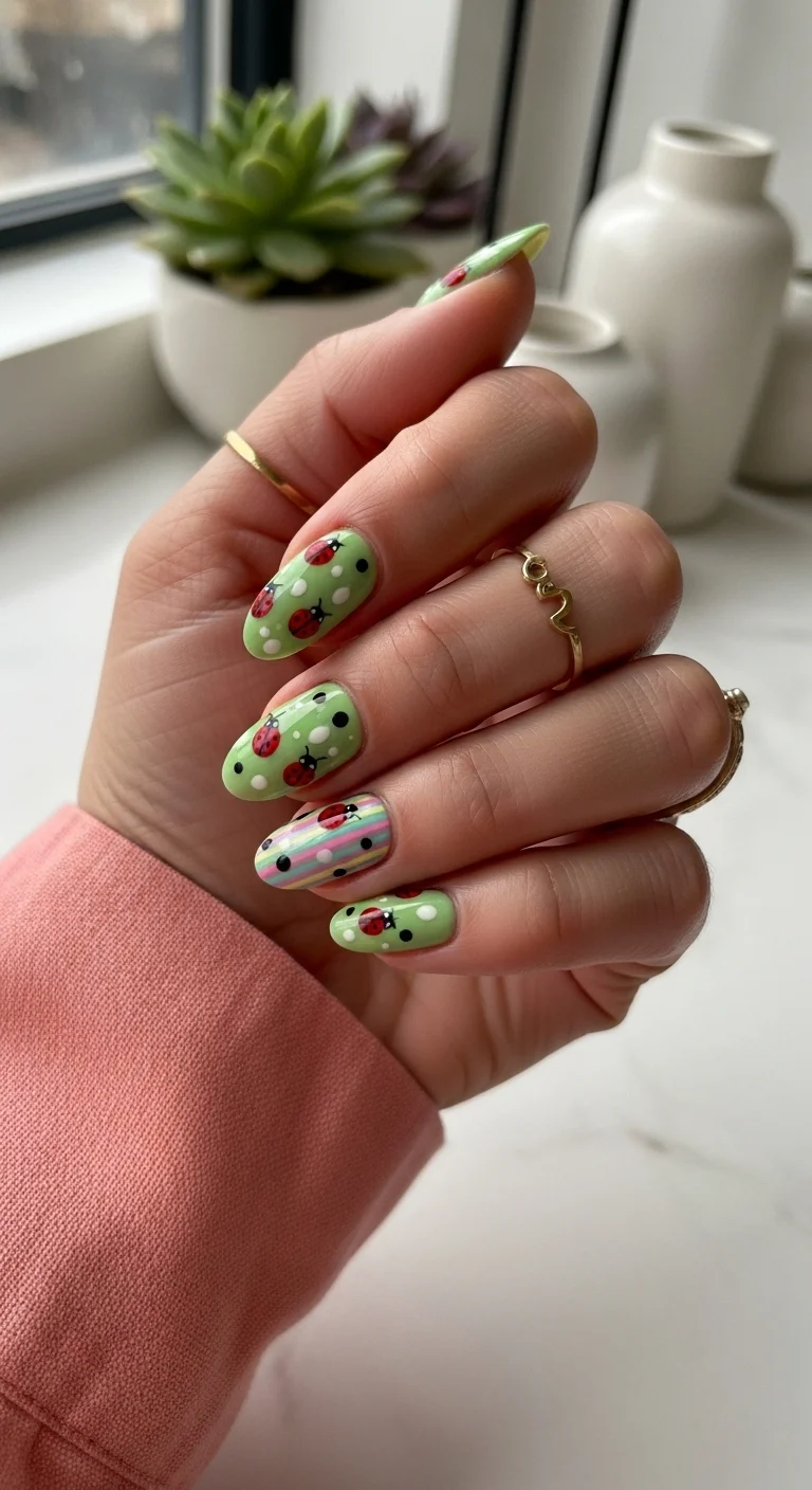 Oval nails with light green base, ladybugs, and one striped accent nail.