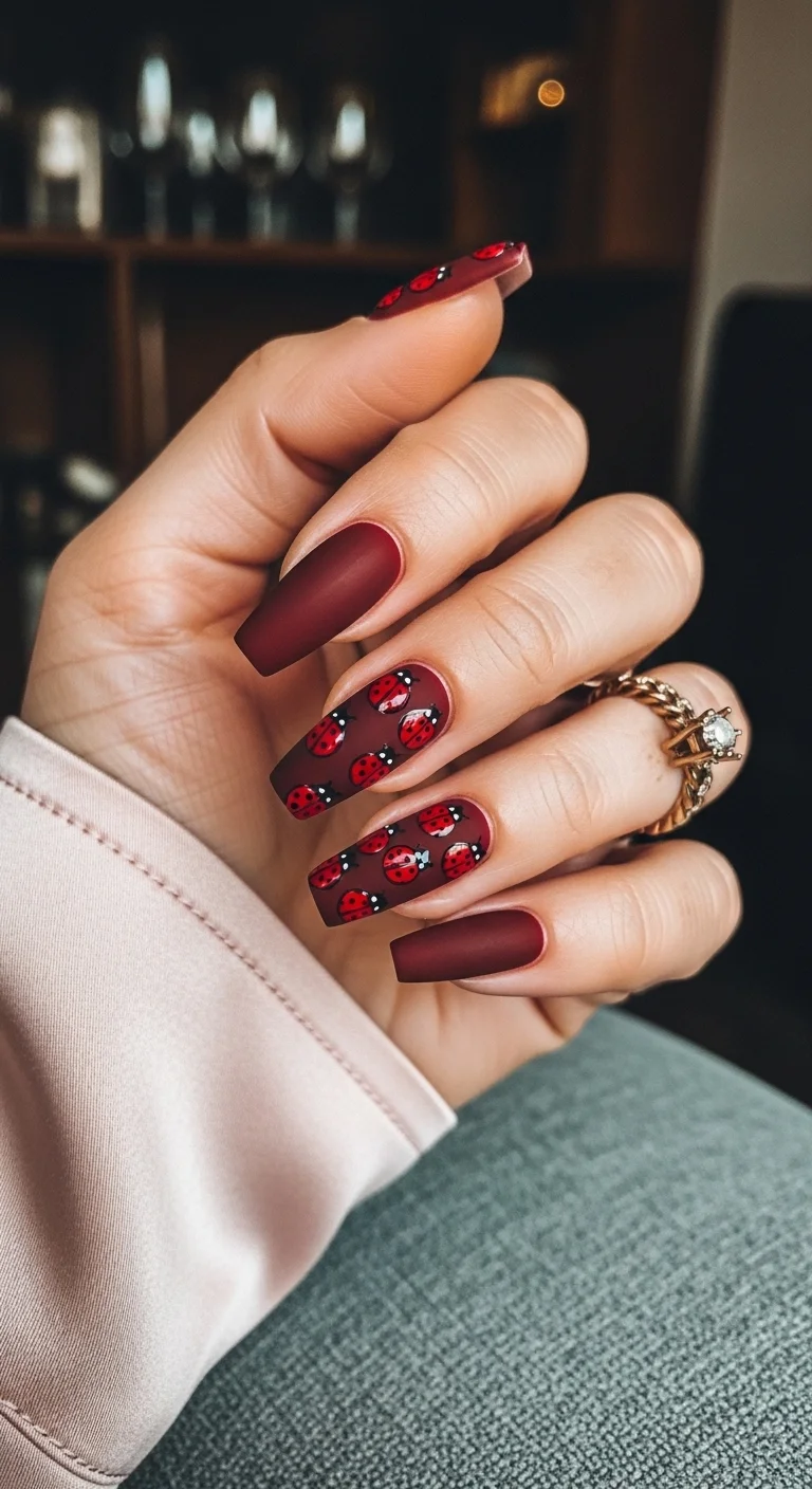 Long coffin nails with matte burgundy polish and ladybug accents.