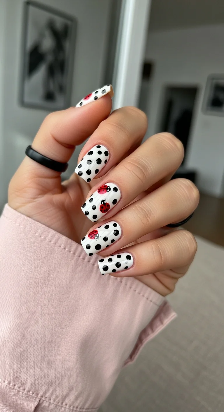 Square nails with white base, black polka dots, and ladybug accent nails.