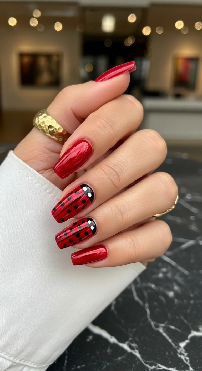 Long coffin nails with deep red polish and ladybug accents.