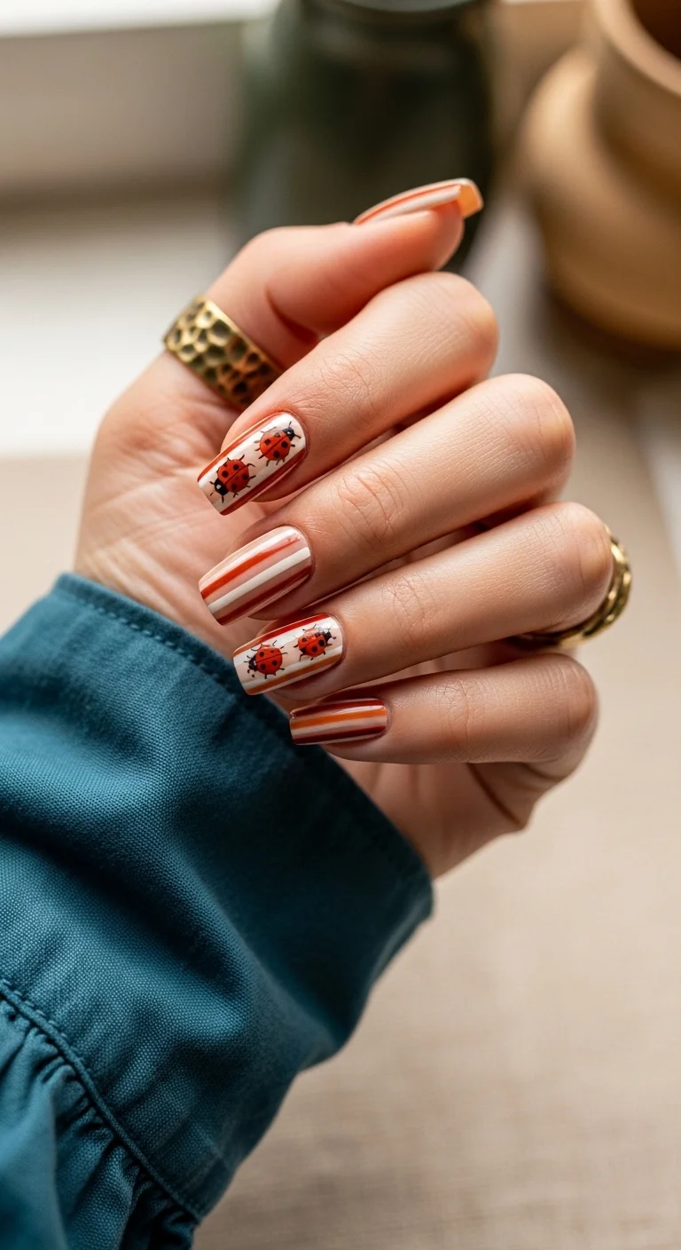 Square nails with horizontal orange and white stripes and ladybug art.