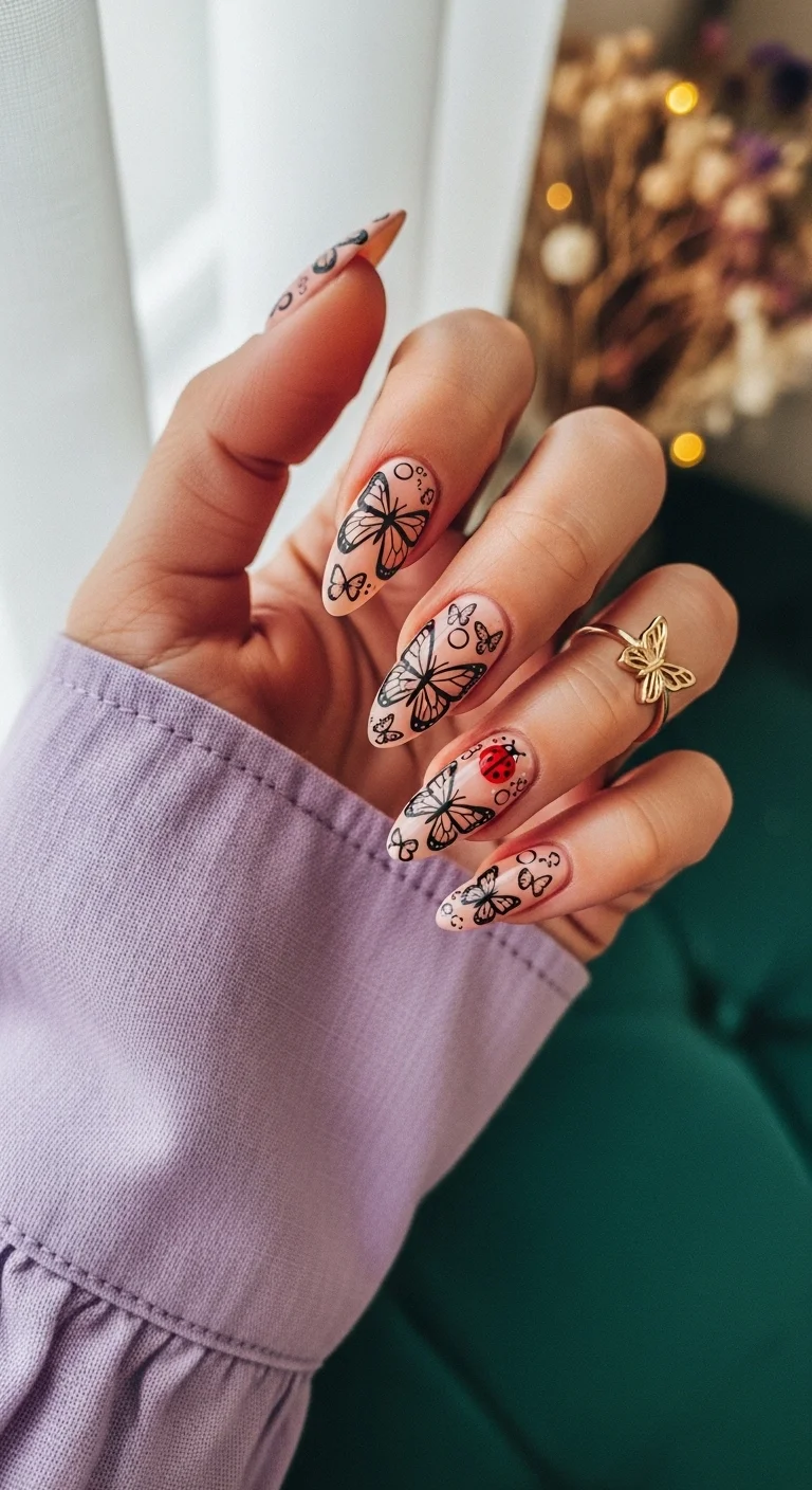 Almond nails with nude base, black butterfly outlines, and one ladybug accent.