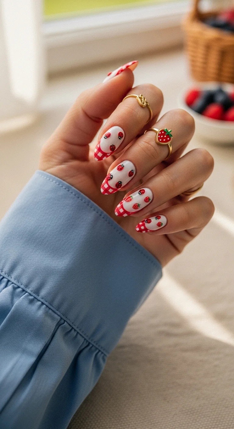 Almond nails with red gingham tips, strawberries, and ladybugs.