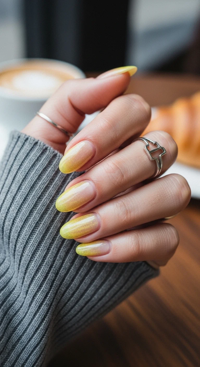 Short almond nails with a soft yellow to nude gradient and a shimmering pearlescent finish.