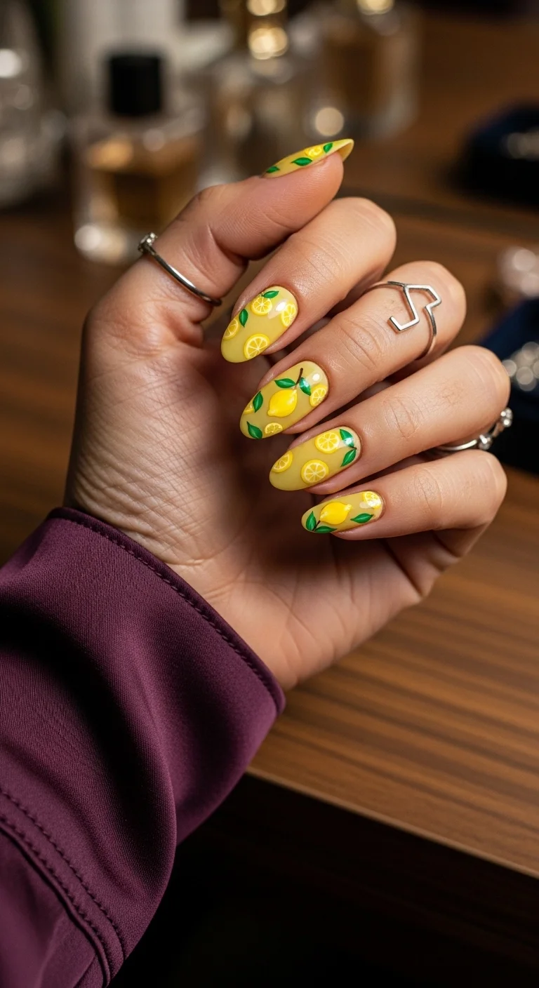 Almond nails with a pale yellow base and whole lemons with leaves hand-painted on every nail.