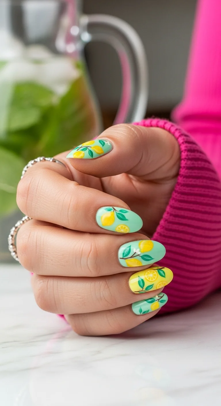 Almond nails with a mint green base and detailed lemon branch art.