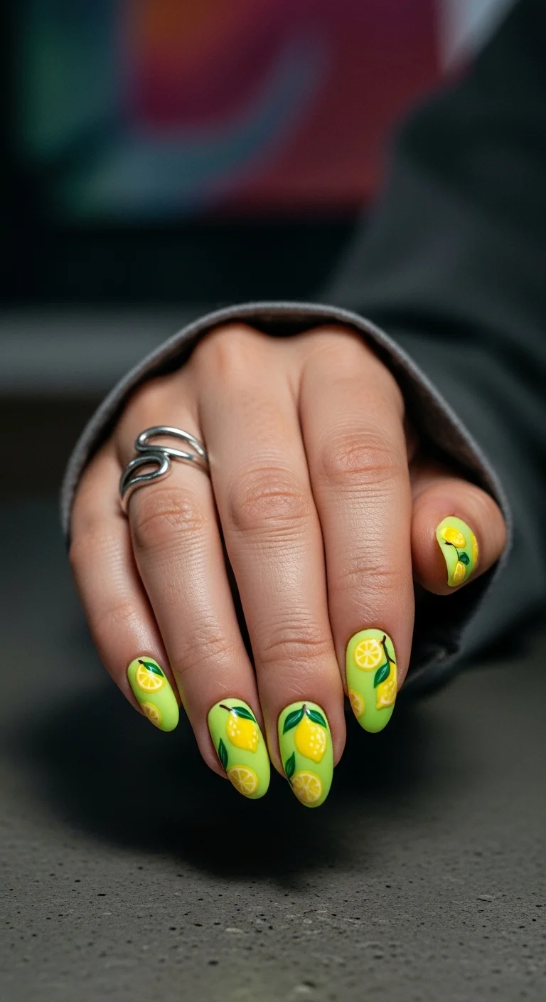 Almond nails with a neon lime green base and bright yellow lemon slices.