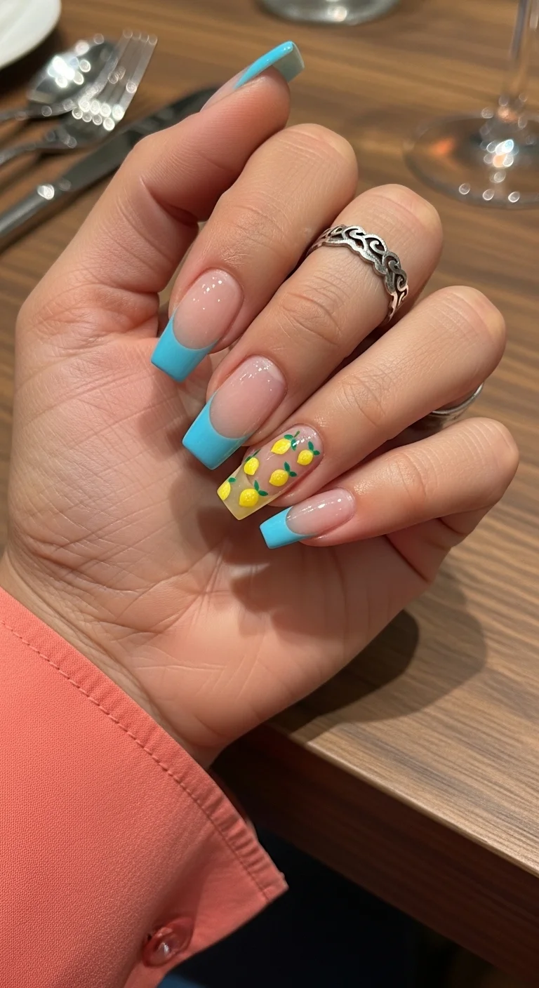 Square nails with sky blue French tips and a clear accent nail with tiny lemon patterns.