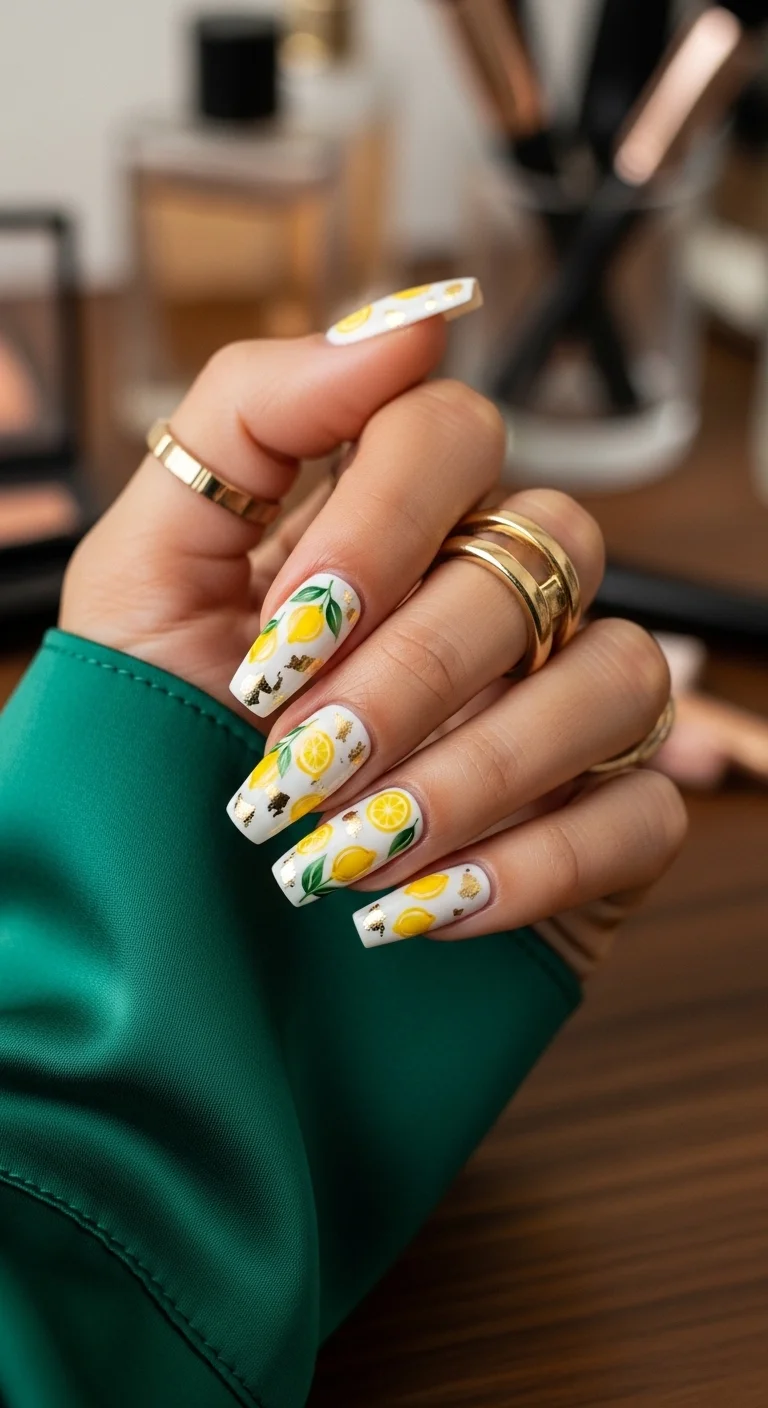 Coffin nails with a white base featuring hand-painted lemons and gold foil flakes.