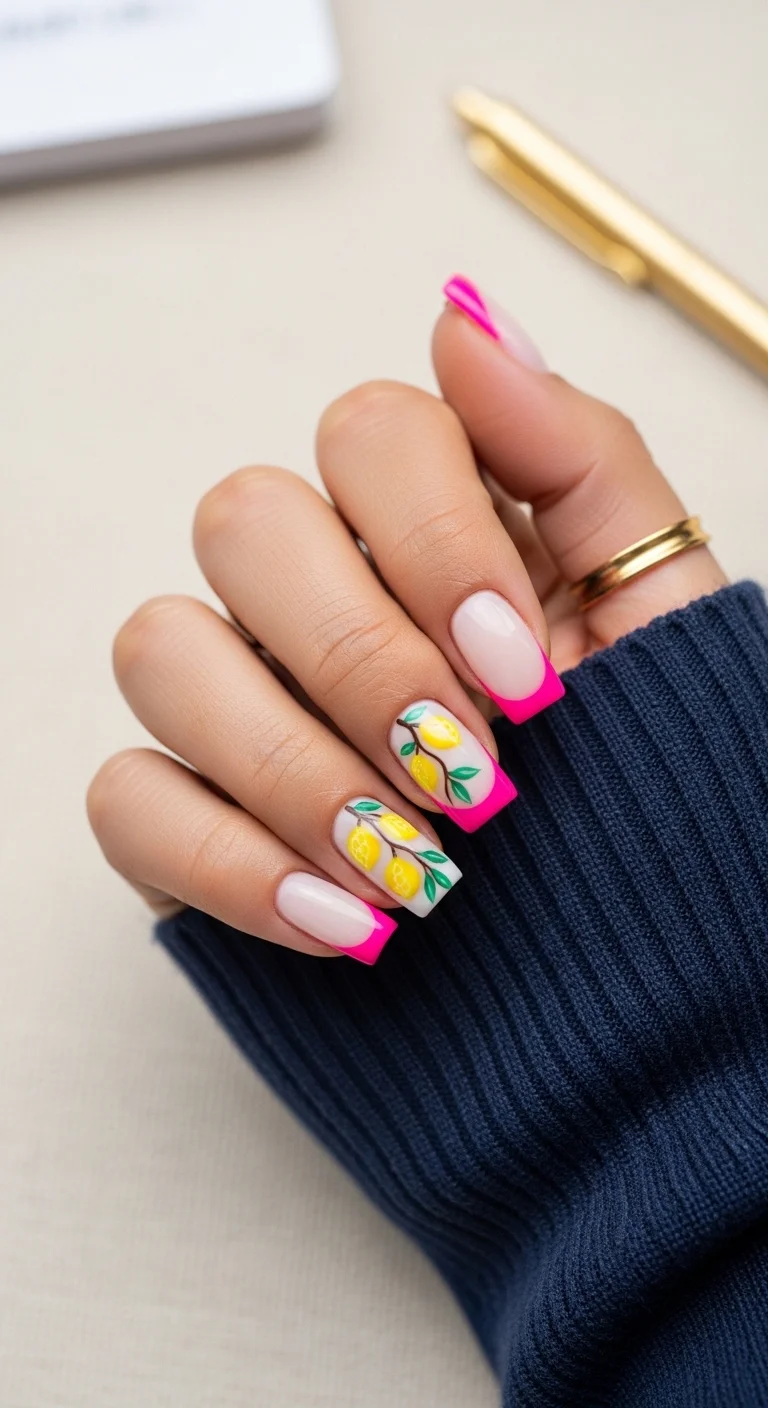 Square nails with neon pink French tips and accent nails featuring lemon branches on a white base.