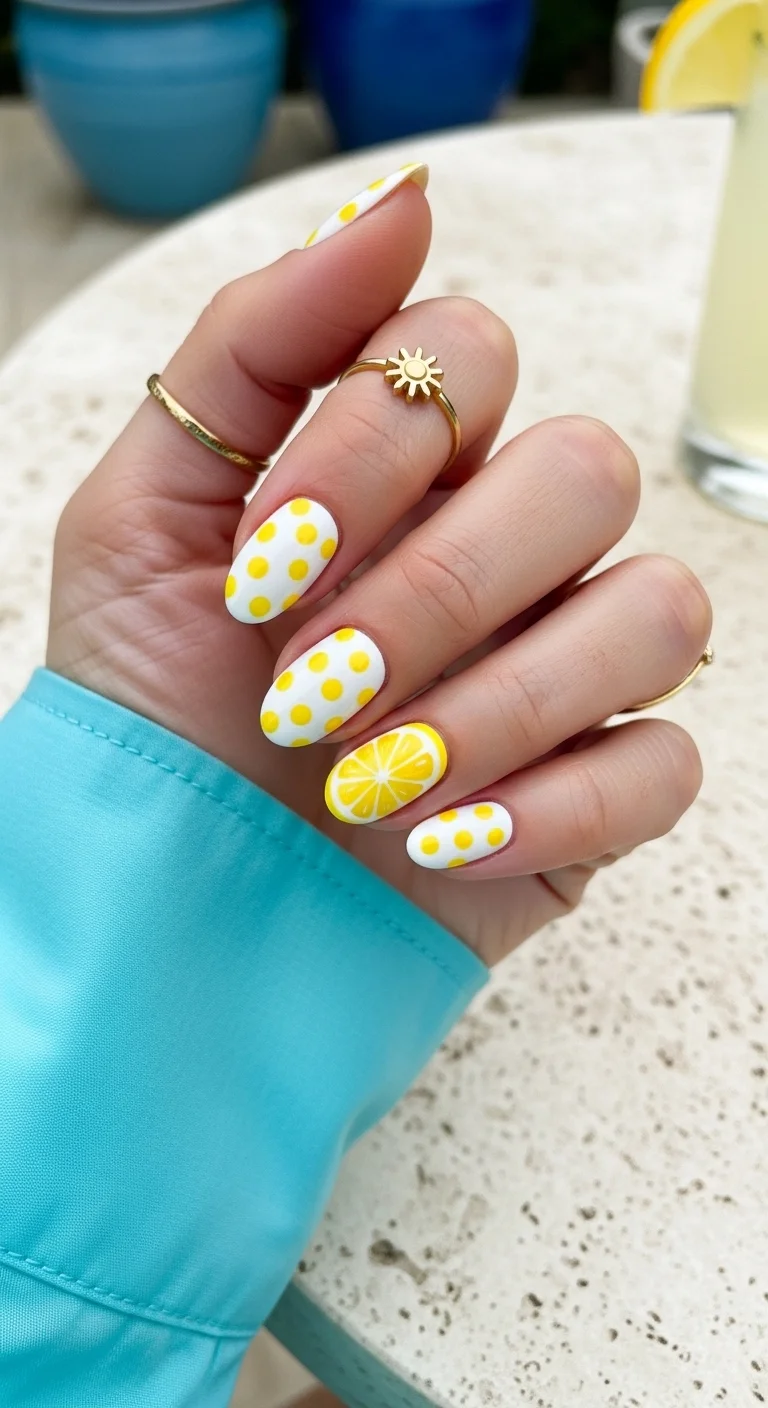 Almond nails with yellow polka dots on a white base and one giant lemon slice accent nail.