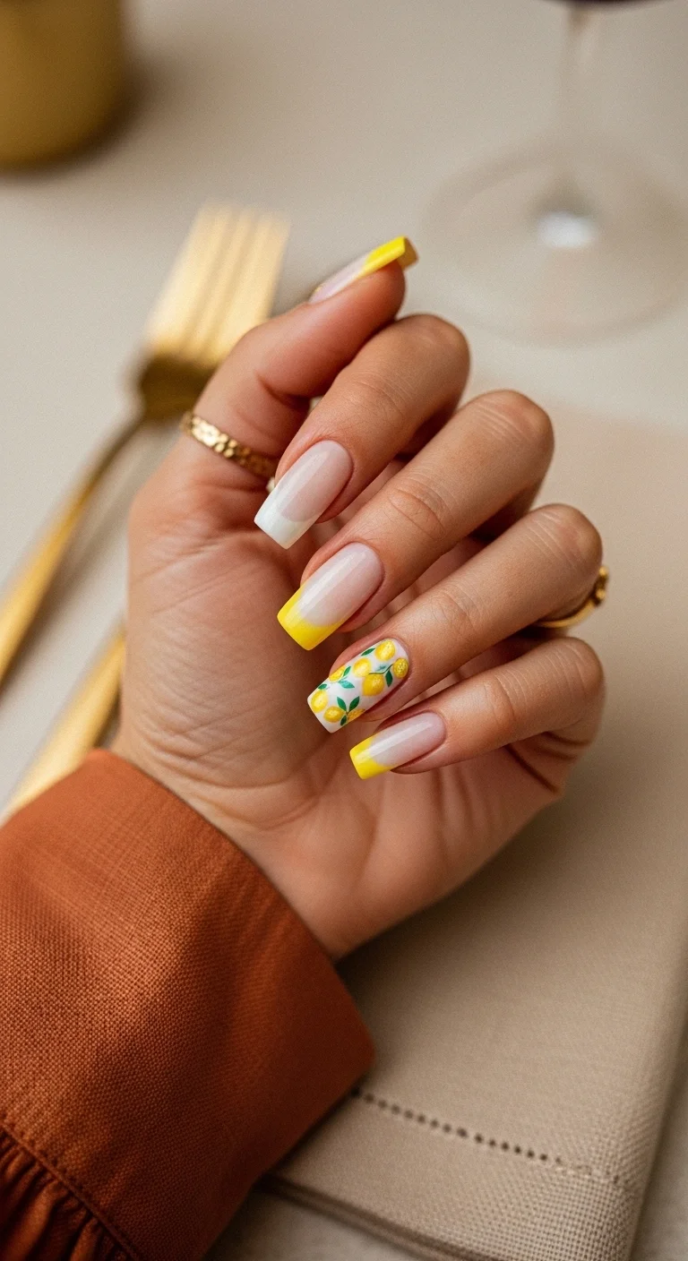 Long square nails with yellow French tips and a white accent nail featuring tiny lemons on branches.