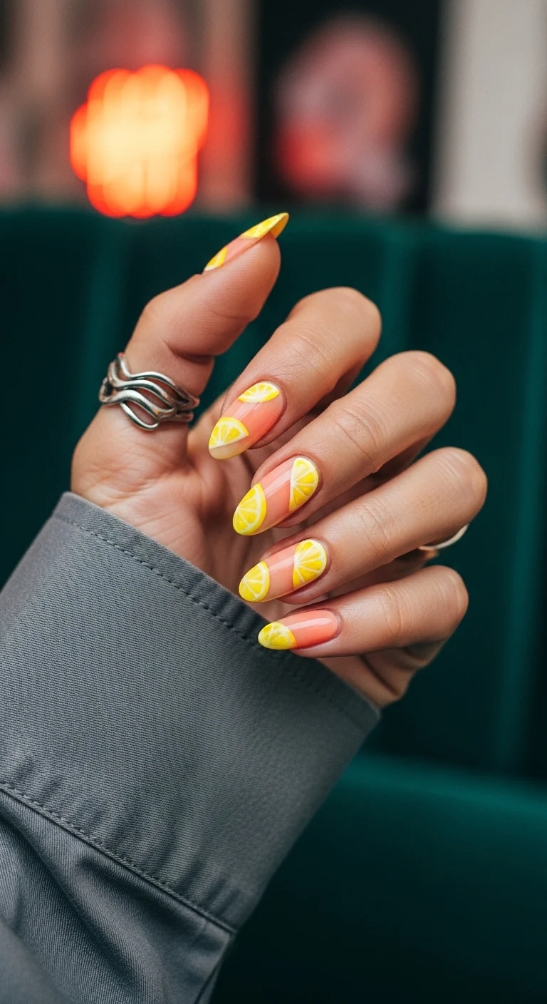 Almond nails with a soft peach base and hand-painted lemon slices 'floating' across the nails.