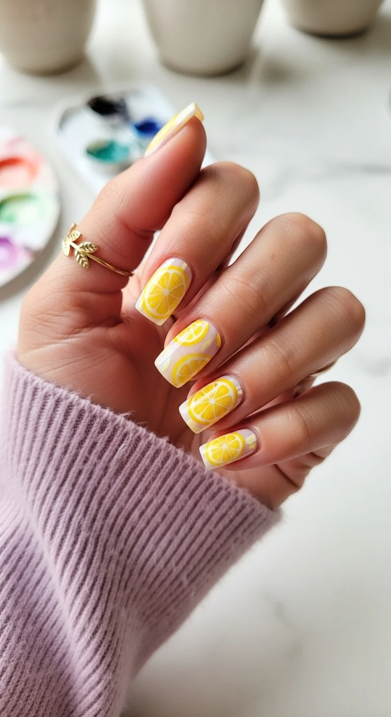 Square nails with a milky white base and massive, detailed lemon slices covering almost the whole nail.